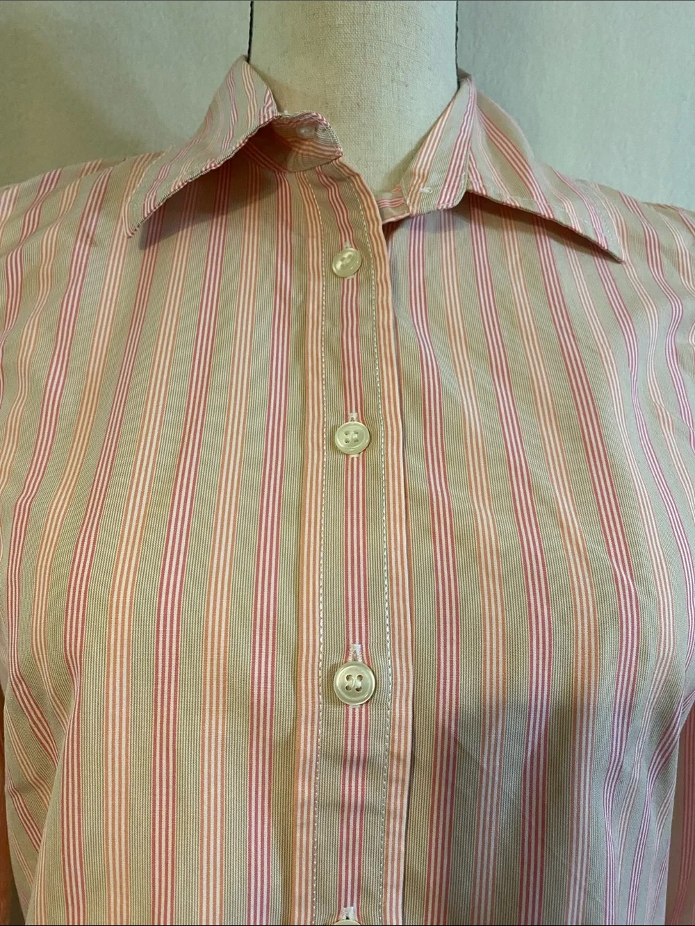 J. Crew 3/4 sleeve pink brown white striped cotton button down shirt
